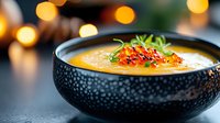 Creamy pumpkin soup garnished with red caviar and microgreens in black textured bowl against blurred bokeh lights background, autumn comfort food.