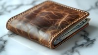 Brown leather wallet with distressed vintage texture and contrast stitching on marble surface, filled with cash and cards, showing craftsmanship details.