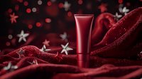 Red cosmetic tube on luxurious silk fabric with sparkly bokeh lights and decorative stars, elegant beauty product photography setup for skincare advertising.