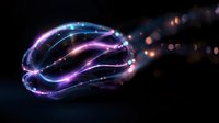 Glowing brain outline with purple and blue neon light effects on dark background, neural network visualization with bokeh particles trailing behind.