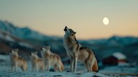 Gray wolf pack howling at full moon in winter wilderness landscape, dramatic dusk lighting creates mystical atmosphere as wolves communicate in snowy mountains.