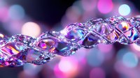 Twisted crystal glass spiral with vibrant pink and purple reflections on dark background with bokeh lights creates magical abstract macro composition.
