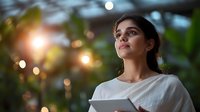 Young South Asian woman in white shirt reading digital tablet outdoors at dusk with soft bokeh lights and natural evening ambiance creating peaceful atmosphere.