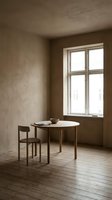 Minimalist interior with round wooden table, single chair, and bright window in neutral beige room with wooden flooring, suitable for design, lifestyle, and architectural projects.