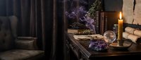 Mystical altar setup with burning candle, amethyst crystals, dried herbs and spiritual tools for meditation, witchcraft rituals and esoteric practices.