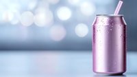 Cold metallic pink aluminum can with condensation drops and drinking straw on blurred bokeh background, modern minimalist beverage photography for advertising.