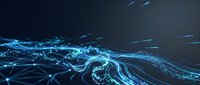 Glowing blue digital wave with flowing particles and connected network nodes on dark background, representing data flow and technology.