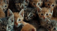 Group of adorable kittens with wide eyes looking up at camera, mix of ginger and tabby cats showing curious expressions in dark moody lighting.