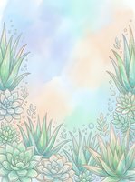 Watercolor succulent and aloe border frame with pastel rainbow background, soft green botanical art for cards, posters, and wall decor.