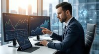 Professional businessman analyzing financial data on multiple monitors in modern office with digital interface overlays and trading charts for investment decisions.