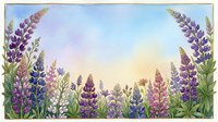 Watercolor lupine flowers frame with purple blooms and green leaves on pastel sky background for spring garden designs and botanical decorations.