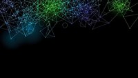 Abstract digital network connections with glowing blue and green nodes on black background for technology presentations and cyber concepts.