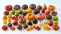 Assorted fresh heirloom tomatoes and cherry varieties in red, yellow, orange, and green colors arranged on white background for culinary and agricultural design projects.