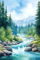 Serene mountain stream flows through pine forest landscape with rocky shores and distant peaks, rendered in soft watercolor style with turquoise water and lush greenery.