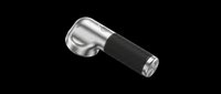 Wireless earbud with metallic silver charging case and black stem, isolated on transparent background. Ready for clipart, print-on-demand, sublimation, and design projects.