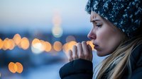 Young woman in winter hat looking thoughtful against blurred city lights at dusk, expressing contemplation and solitude with bokeh effect in cool evening tones.