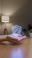 Hands holding glowing holographic security shield symbol in modern home office environment representing digital protection and cybersecurity technology.
