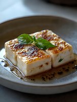 Grilled tofu with caramelized glaze and fresh basil leaves served on ceramic plate. Golden-brown seared surface with savory sauce creates appetizing presentation.