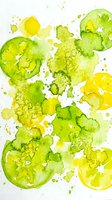 Abstract watercolor painting with vibrant green and yellow circular shapes, organic textures and paint splatters on white background for creative projects.