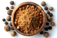 Ground black pepper powder in rustic wooden bowl surrounded by whole peppercorns variety on white background, aromatic spice for cooking and seasoning food photography.