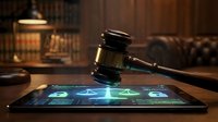 Judge's gavel resting on tablet displaying legal icons in law office with warm lighting and wooden furniture background.
