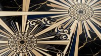 Elegant art deco sunburst pattern with ornate medallions and radiating rays on dark background for luxury design projects and vintage-inspired decor.