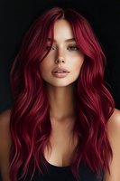 Young woman with vibrant burgundy red hair and freckles against dark background, showcasing modern hair coloring trend for salon advertising.