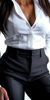 Professional businesswoman wearing classic white button-up shirt and high-waisted black trousers, representing modern corporate style and confidence.