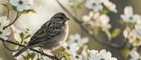 Small sparrow perched on blooming apple tree branch with white flowers in soft natural light perfect for nature and wildlife themed projects.