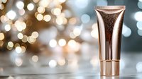 Luxurious rose gold cosmetic tube on blurred bokeh background with soft glowing lights, elegant beauty product packaging for skincare or makeup.