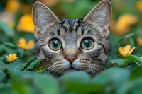 Curious tabby cat with bright blue eyes peeking through yellow flowers and green leaves in garden, close-up portrait showing expressive feline face and alert ears.