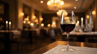 Glass of red wine on table in elegant restaurant with warm lighting and blurred dining room background creating sophisticated atmosphere for fine dining experience.