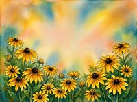 Watercolor sunflower field with golden blooms against dreamy sky background for greeting cards and seasonal decor.