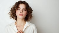 Young woman with short wavy brown hair wearing white shirt against neutral background, showcasing modern casual style for fashion and beauty concepts.