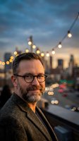 Middle-aged Caucasian businessman with glasses and beard smiling on urban rooftop terrace with string lights and city skyline at sunset for corporate portraits.
