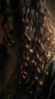 Close-up of luxurious brown curly hair with golden highlights showing natural texture and shine for beauty and haircare concepts.