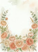 Watercolor floral frame with pink ranunculus, eucalyptus, and gold accents on a soft background, perfect for wedding invitations and cards.
