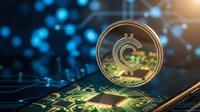 Cryptocurrency coin with glowing circuit board patterns and digital network connections, representing blockchain technology and digital currency investment opportunities.