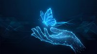 Digital wireframe hand releasing glowing blue butterfly on dark background. Futuristic technology concept for transformation and freedom themes.