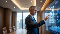 Mature Caucasian businessman in suit interacting with futuristic holographic display showing data analytics in modern conference room with city view.