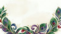 Ornamental peacock feathers with swirling flourishes in emerald, purple, and gold tones on isolated cream background, ready for design projects and decorative applications.