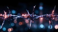 Barbed wire silhouette against blurred city lights creating dramatic contrast with bokeh effect in dark blue and orange tones, security concept background.