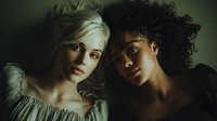 Two young women with contrasting blonde and curly dark hair in dramatic lighting for fashion photography and creative portrait concepts.