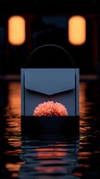 Elegant handbag with coral flower floating on water at dusk, orange lanterns glowing in background create mysterious atmosphere with reflective ripples.