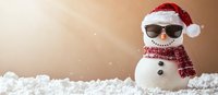 Cool snowman wearing sunglasses and Santa hat with red scarf on snowy background. Festive winter holiday character with modern twist for seasonal greeting cards.