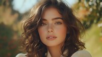 Young woman with wavy brown hair and freckles in natural sunlight, showcasing natural beauty with soft makeup and glowing skin for cosmetic advertising.