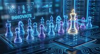 Digital chess pieces on futuristic circuit board with glowing blue holographic interface displaying innovation concept for strategic business planning.