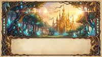Fantasy castle landscape with ornate golden frame and blank scroll for text, magical kingdom scene with enchanted forest and glowing sunset sky.