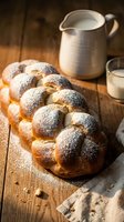 Freshly baked braided challah bread dusted with powdered sugar on rustic wooden table with milk pitcher and glass for breakfast or bakery display.