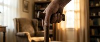Senior man holding wooden walking cane indoors, close-up of hand gripping mobility aid in warm home setting with furniture and natural light.